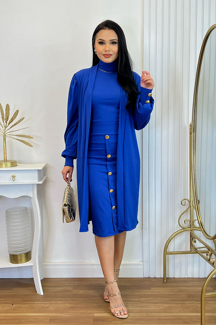 Conjunto Três Peças Com Saia Midi Blusa Manga Curta E Cardigan 0233