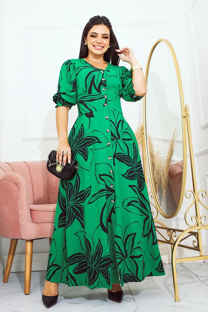 Vestido Longo Com Manga e Botões 2359