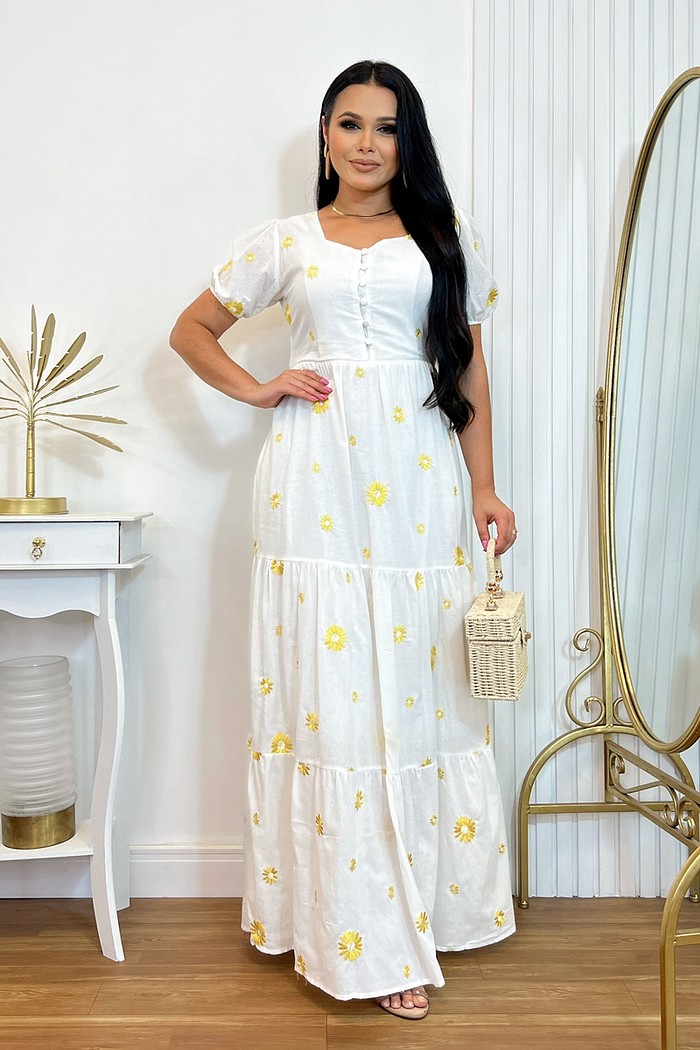 Vestido Longo Em Algodão Bordado Com Flores Amarelas 2213