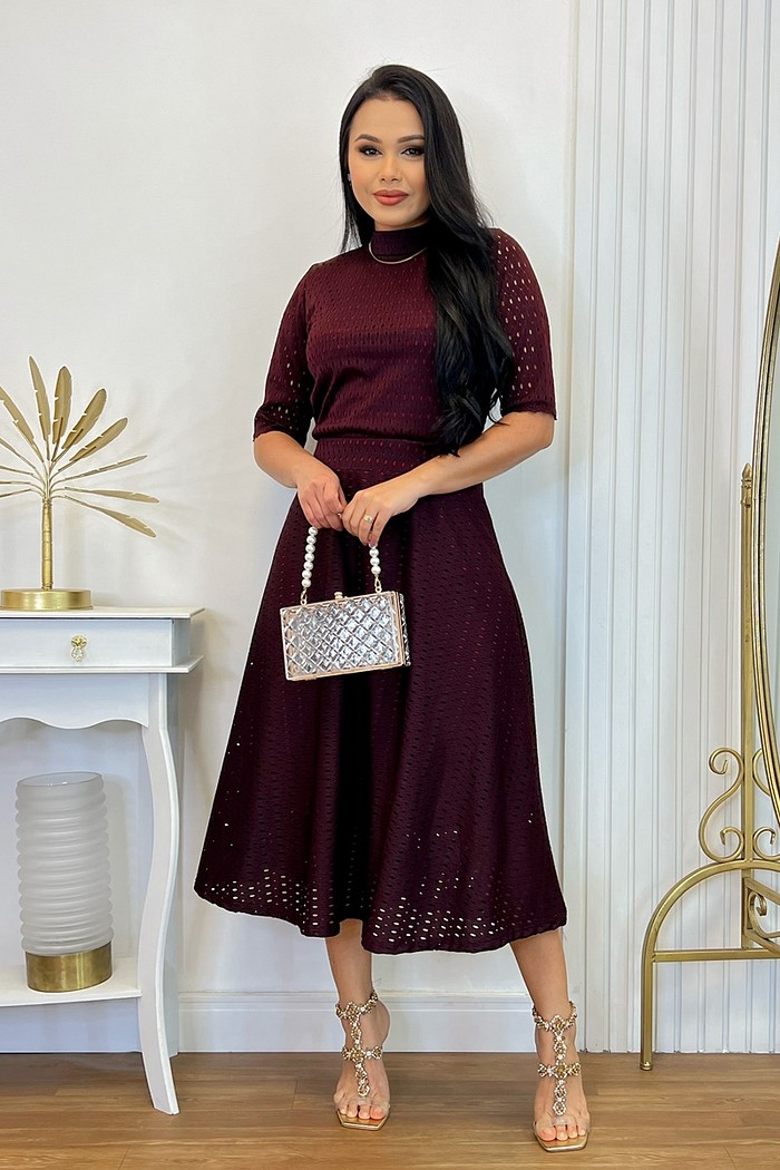 Conjunto Saia Midi e Blusa Com Manga Malha de Lese 0235