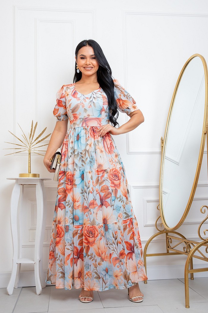 Vestido Longo Em Tule Estampado