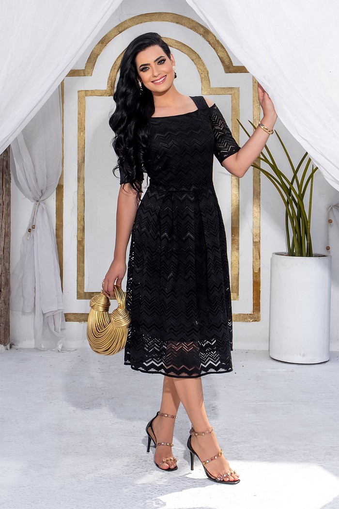 Vestido  Renda Midi Manga Com Recorte 8327