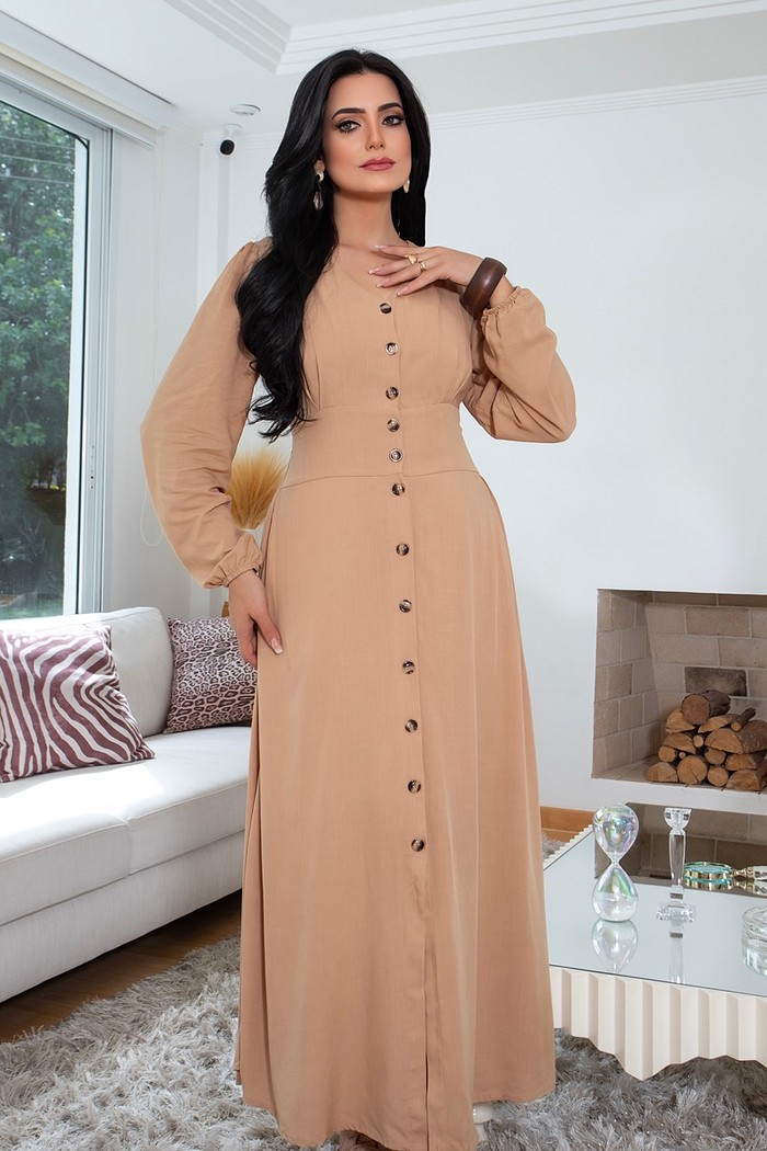 Vestido Longo Com Manga Longa e Botões  2362