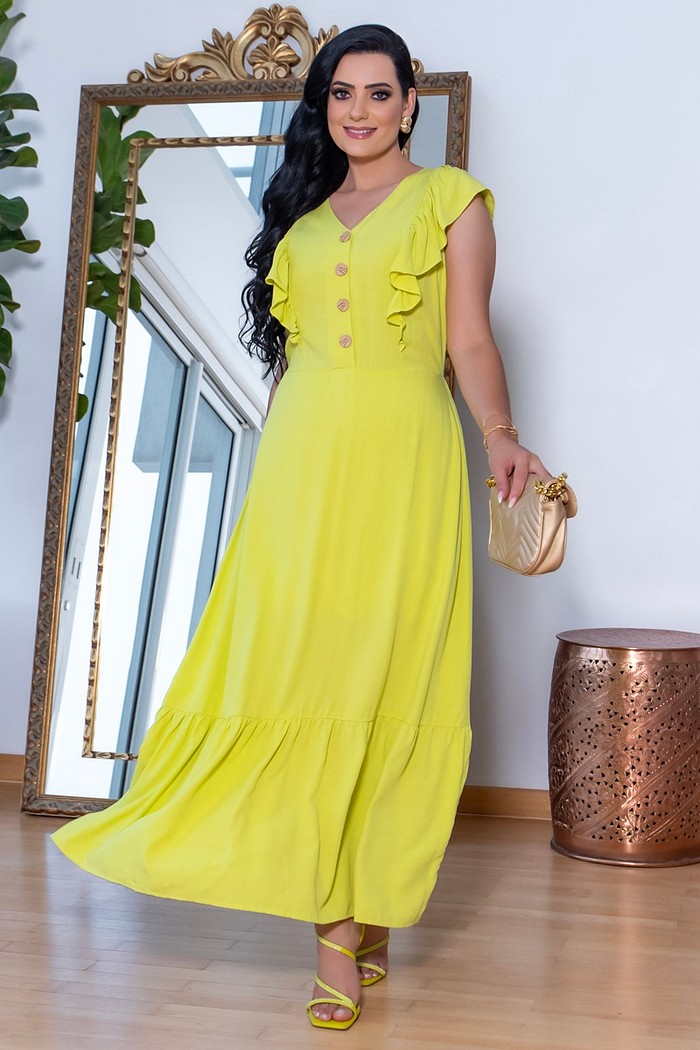 Vestido Longo Estampado Babado Nas Mangas