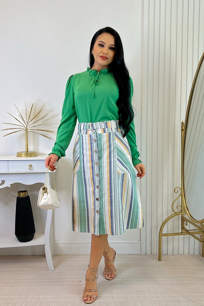 Conjunto Saia Midi Listrada e Blusa Manga Longa 0231