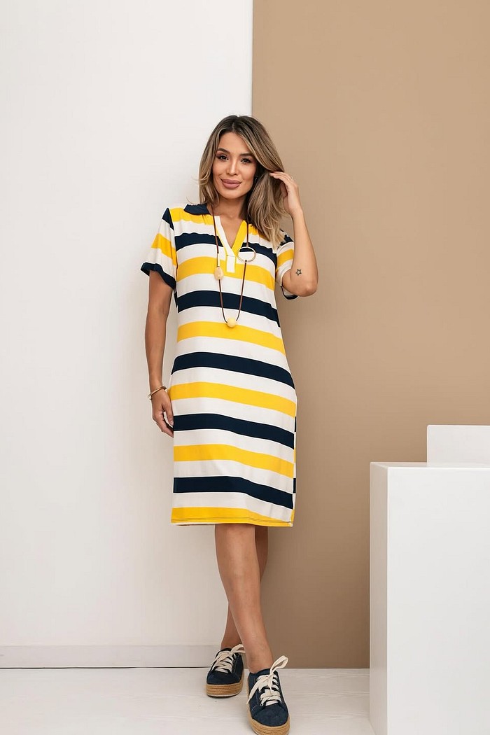 Vestido Listrado Gola Polo Viscolycra
