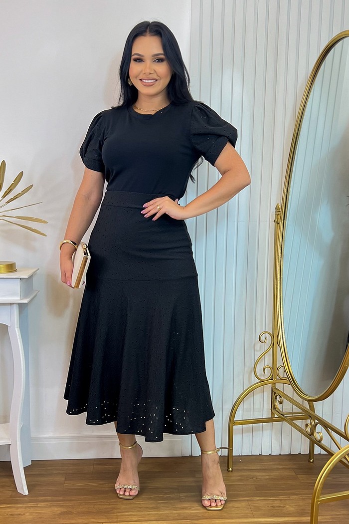 Conjunto Saia Midi e Blusa Malha Lese