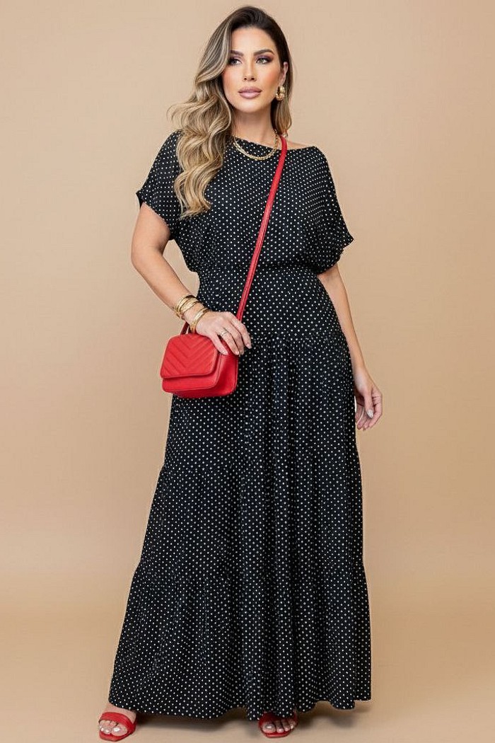 Conjunto Saia Longa E Blusa Em Viscolycra Poá