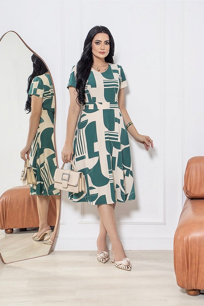 Vestido Midi Estampado Com Estampas Geométricas