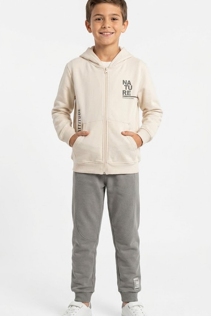 CONJUNTO MASCULINO ELIAN CAPUZ NATURE INFANTIL MOLETOM COM FECHO E BOLSO