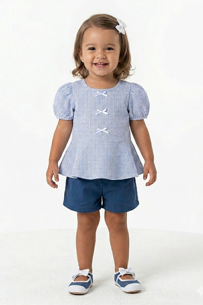 CONJ LECIMAR FEM BLUSA LISTRADA AZUL SHORT TECIDO