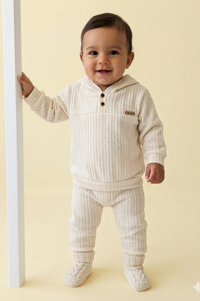 CONJ TILEESUL MAS CASACO E CALÇA MALHA TRICOT  MARFIM G