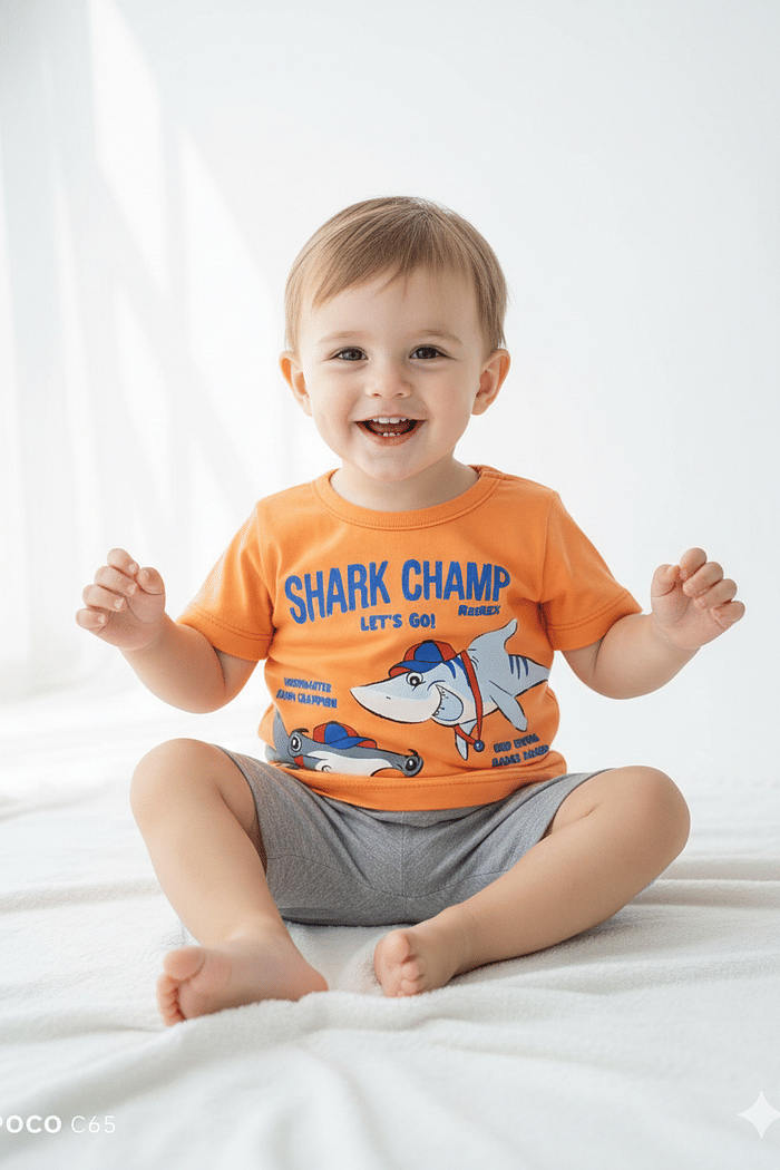 CONJ REIREX MAS BLUSA LARANJA SHARK SHORT MESCLA P