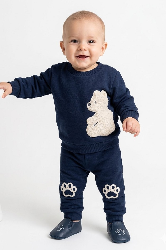 CONJ TILEESUL MAS CASACO E CALÇA MOLETOM BORDADO URSO  MARINHO M