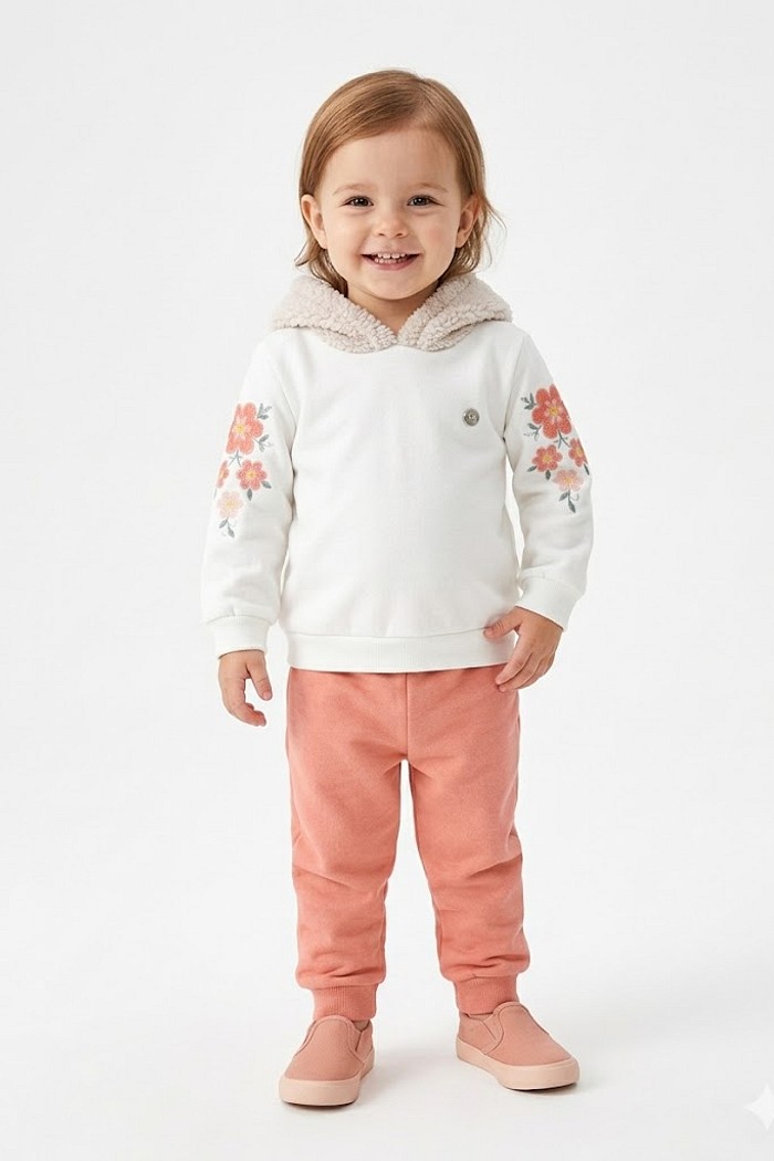 CONJ FEM TILEESUL CASACO E CALÇA EM MOLETOM COM ALPACA NO CAPUZ E ESTAMPA MANGA