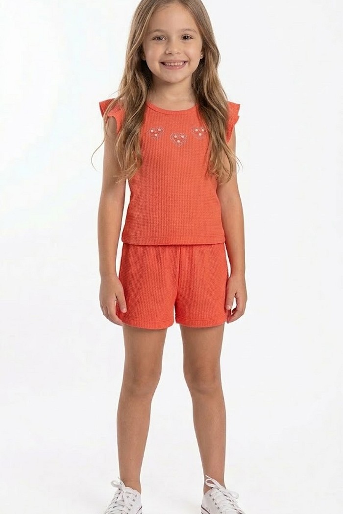 CONJ LECIMAR FEM VERMELHO BLUSA APLICAÇÃO STRASS E PEROLA  SHORT PIQUET 04