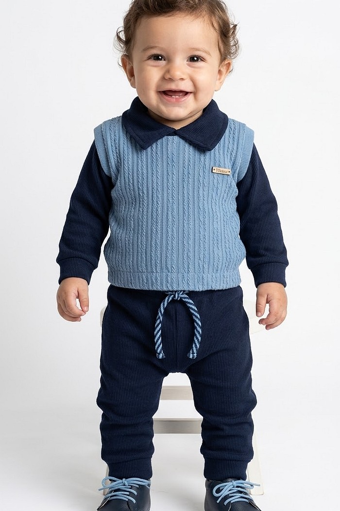 CONJ TILEESUL MAS CASACO MALHA TRICOT COTELE E CALÇA COTELE AZUL P