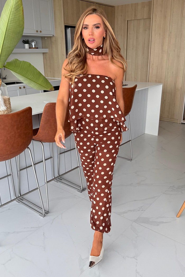 Conjunto tomara que caia e calça poá marrom