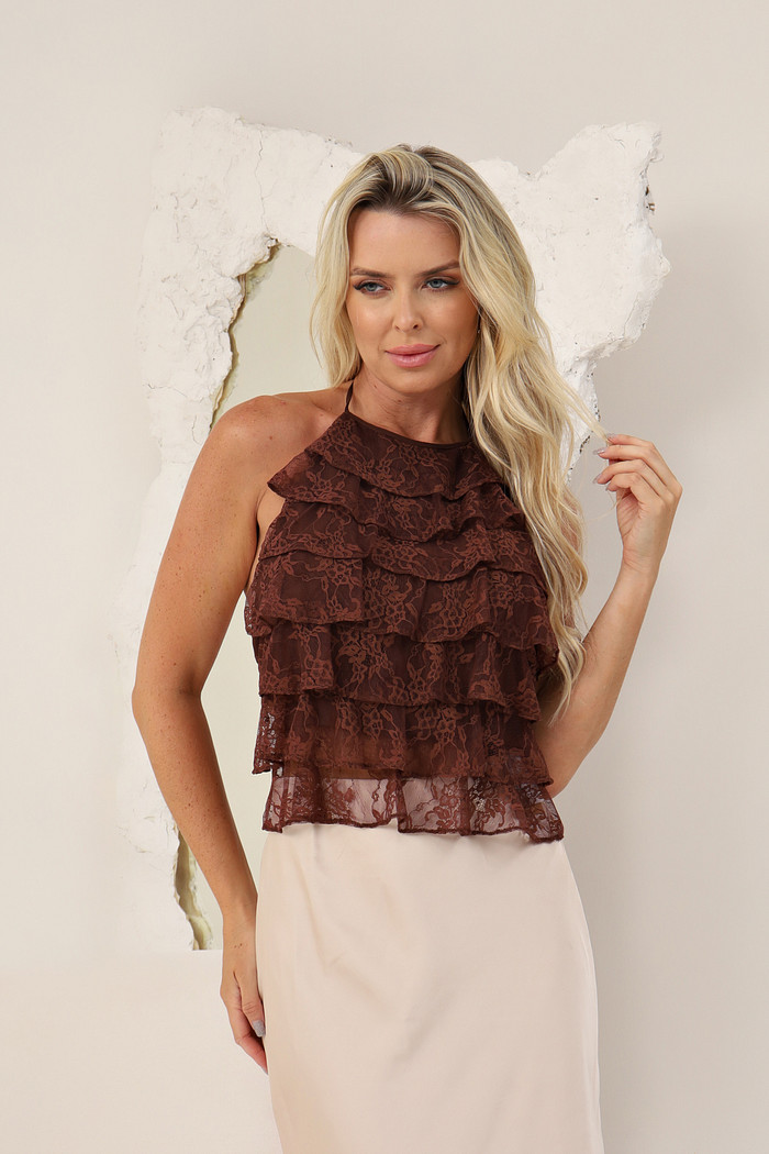 Blusa frente única em renda marrom