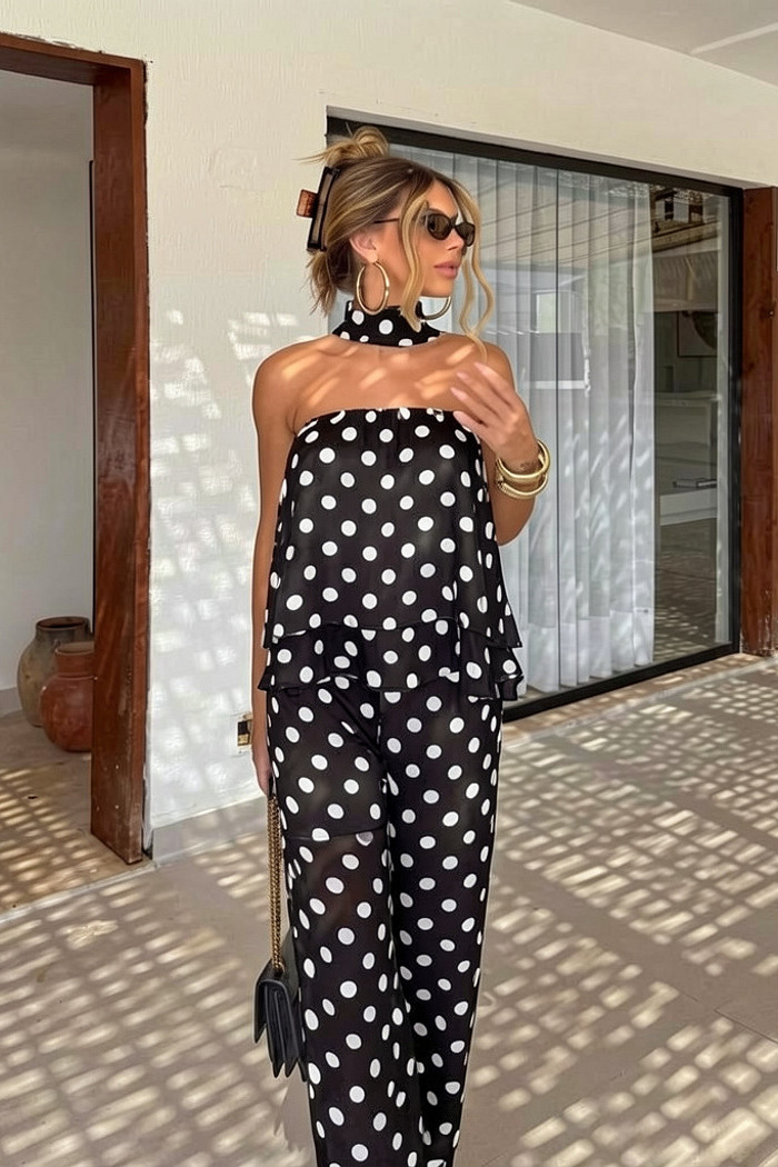 Conjunto tomara que caia e calça poá preto