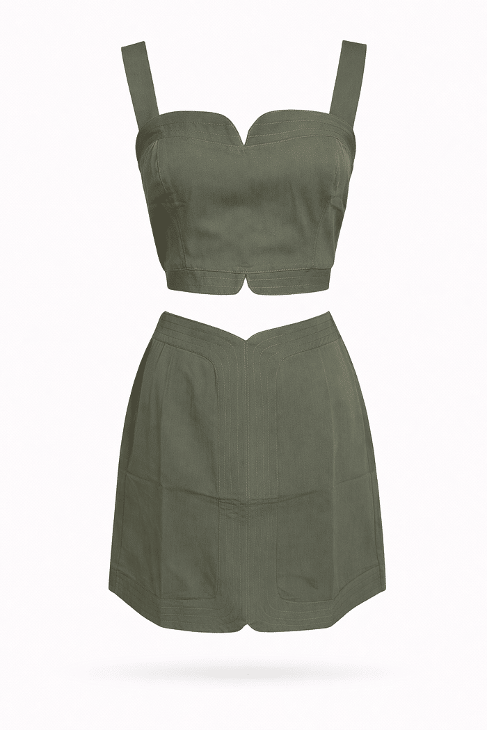 Conjunto cropped e saia verde