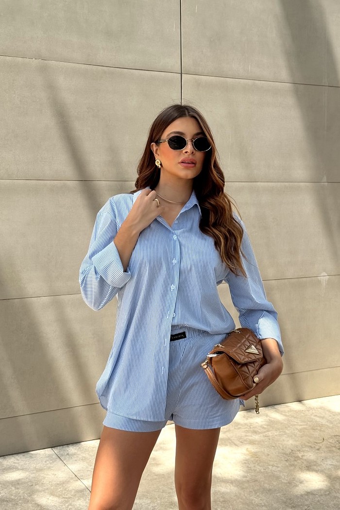 Conjunto camisa e short listrado azul