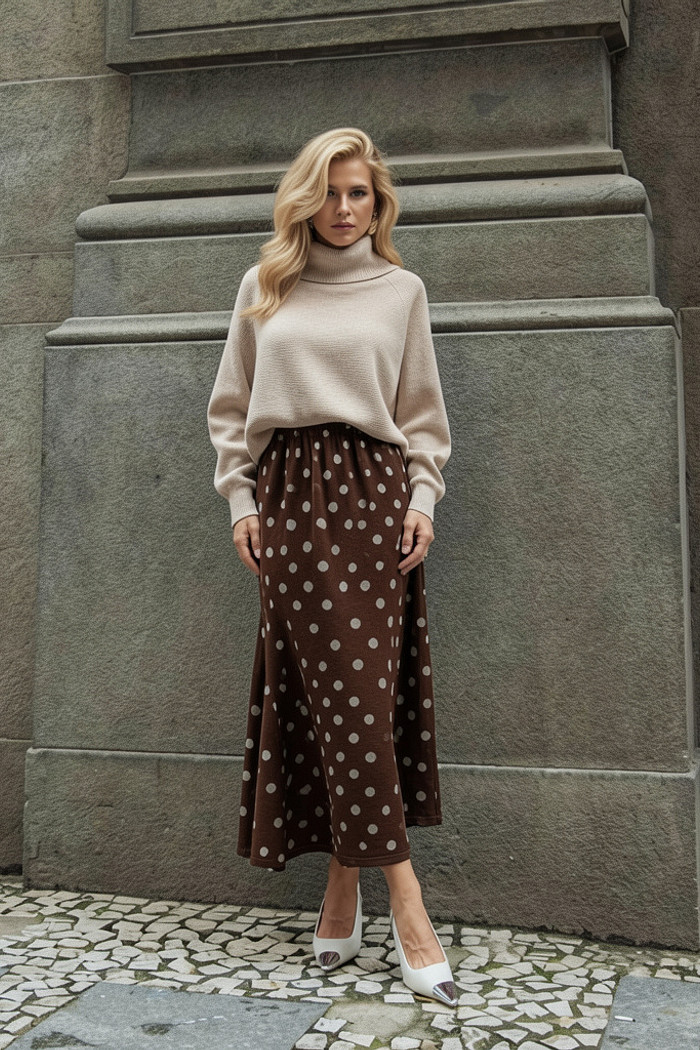 Saia midi estampa poá marrom