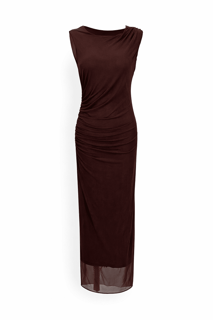 Vestido midi de tule marrom