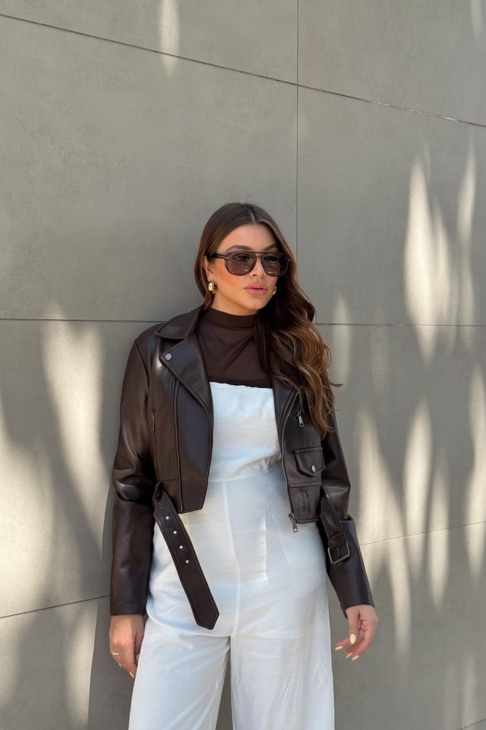 Jaqueta biker em courino marrom