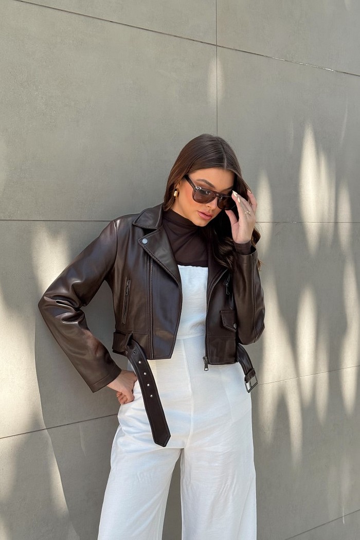 Jaqueta biker em courino marrom