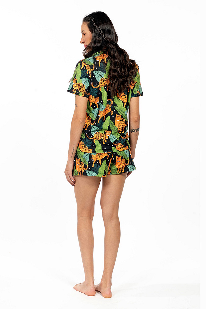 Conjunto Pijama Americano Curto Onças Folhas Poa