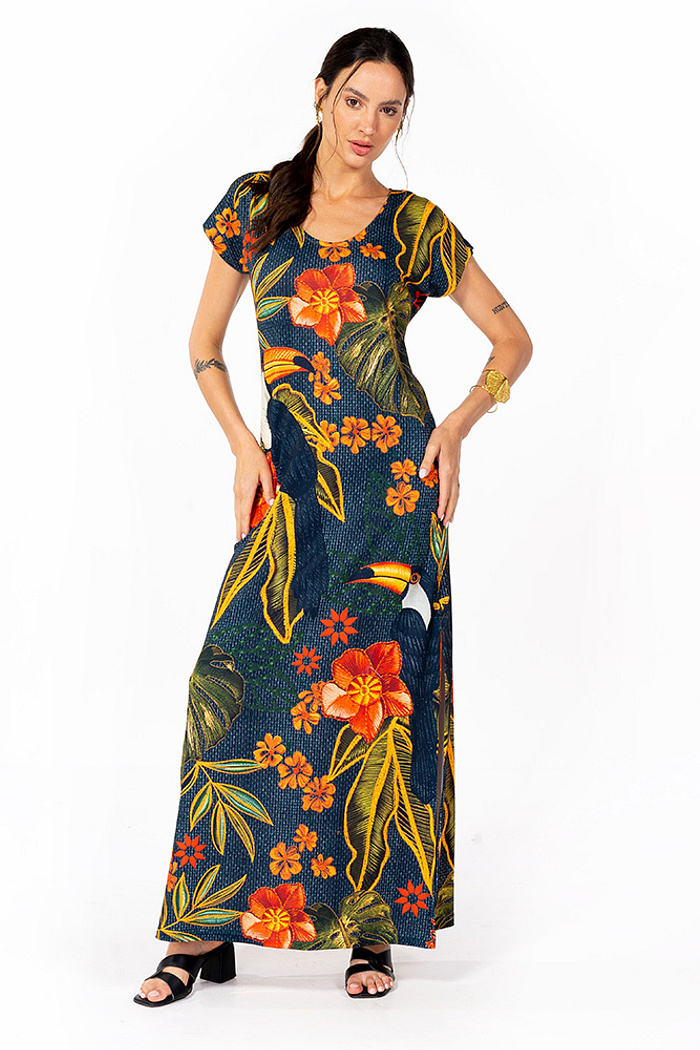 Vestido Longo Jeri Tucano e Folhas