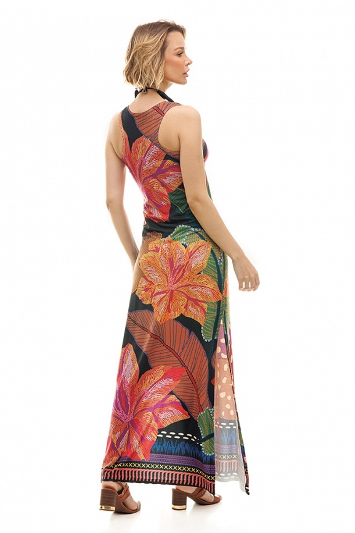 Vestido  Hortência Onça Desenhada Fundo Preto Folhagens Color