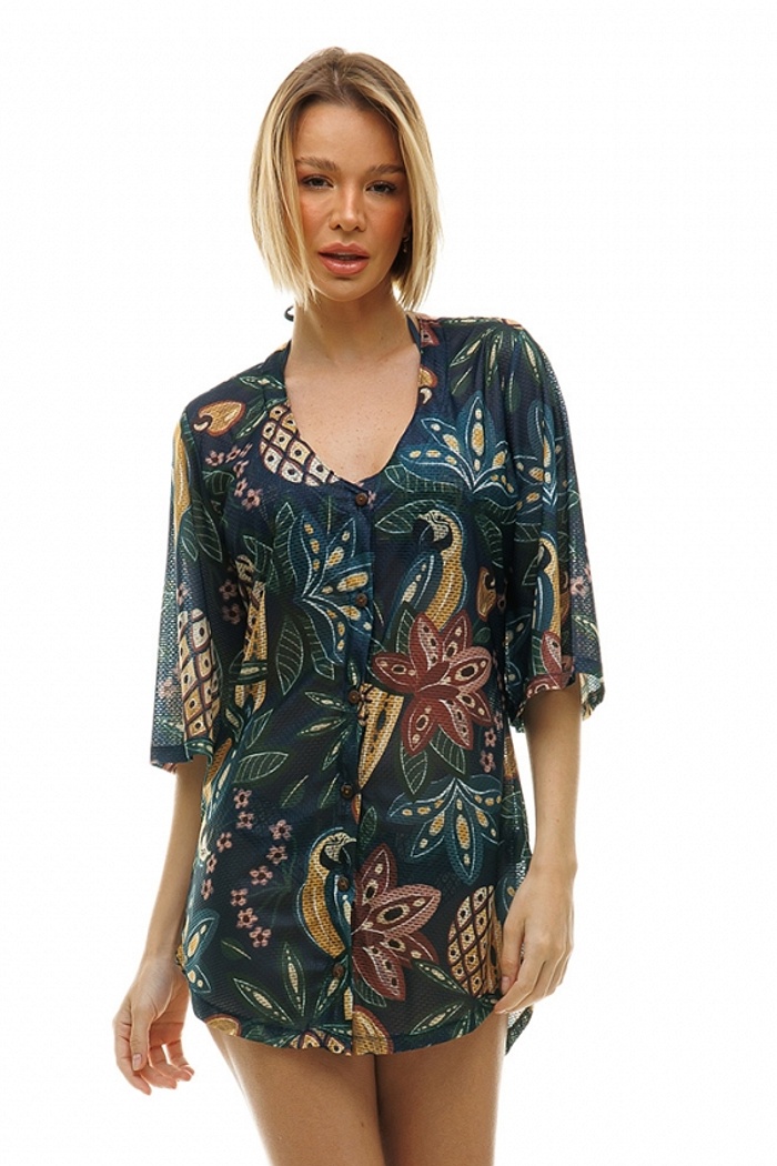 Saída de Praia Alongada Barrado, Arara Canindé, Frutas em Fundo Azul Escuro