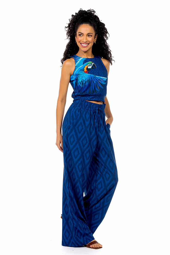 Top Canelado Maxi Arara Fundo Azul