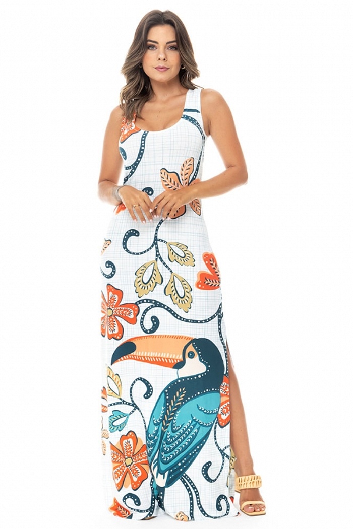 Vestido Hortência Tucano Desenho Tela Branca