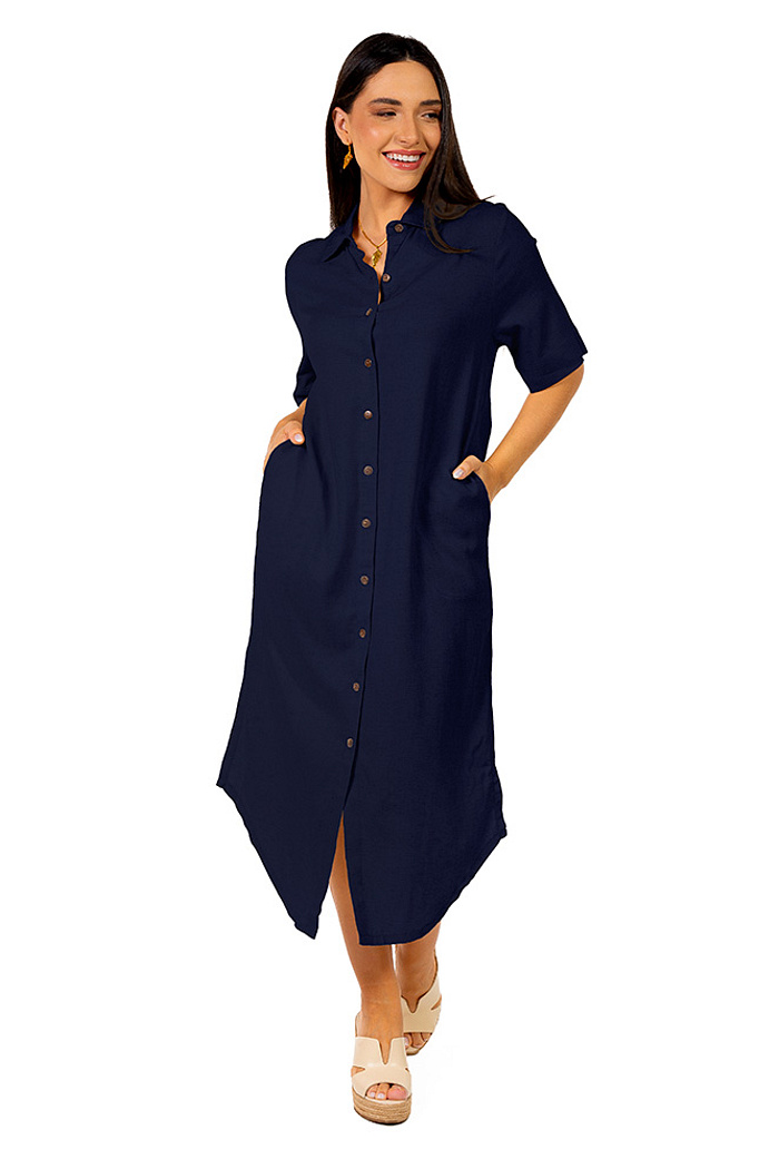 Chemise Vestido Linho Midi Marinho