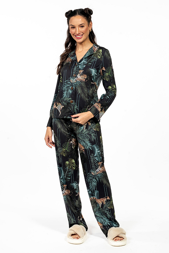 Conjunto Pijama Americano Longo Adulto Rapport Onça Folhagens