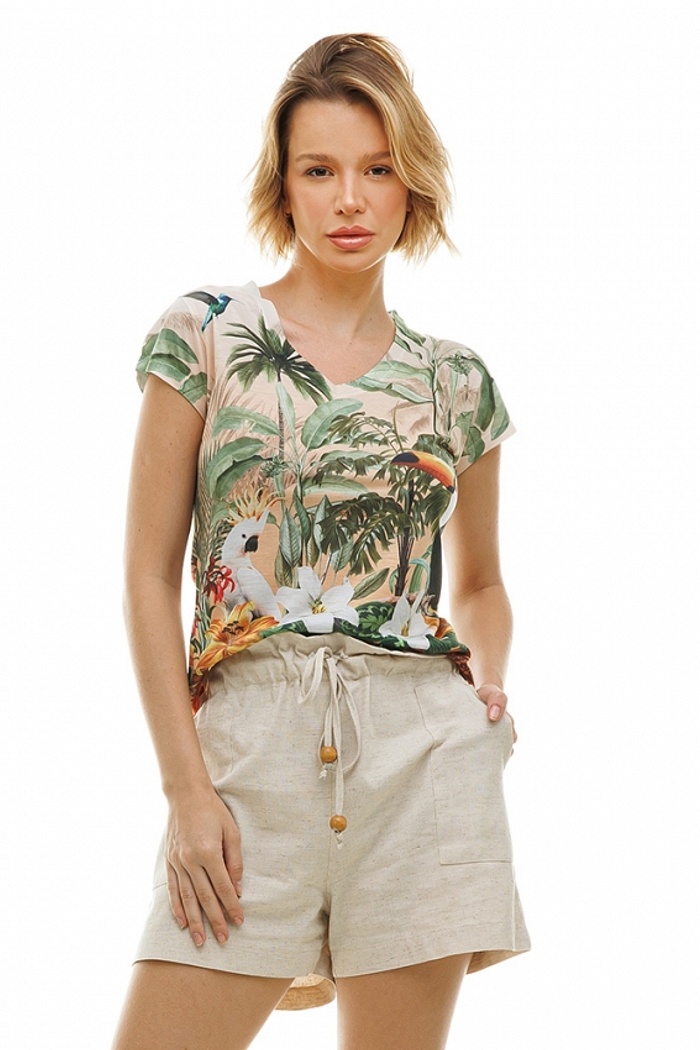 Baby Look Florata Tucano e Cacatua com Barrado