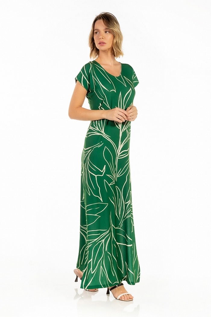Vestido Longo Jeri Folhagens Off