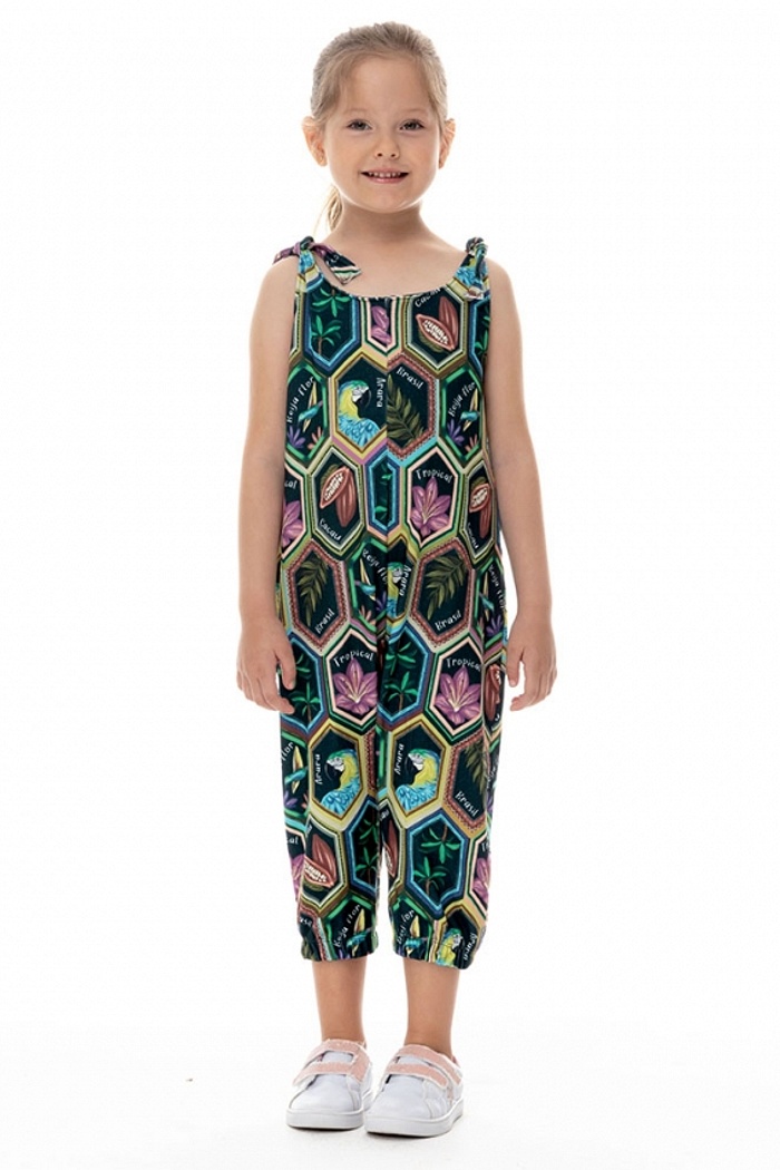 Macacão Infantil Com Bolso Hexágonos Brasil Tropical Fundo Escuro