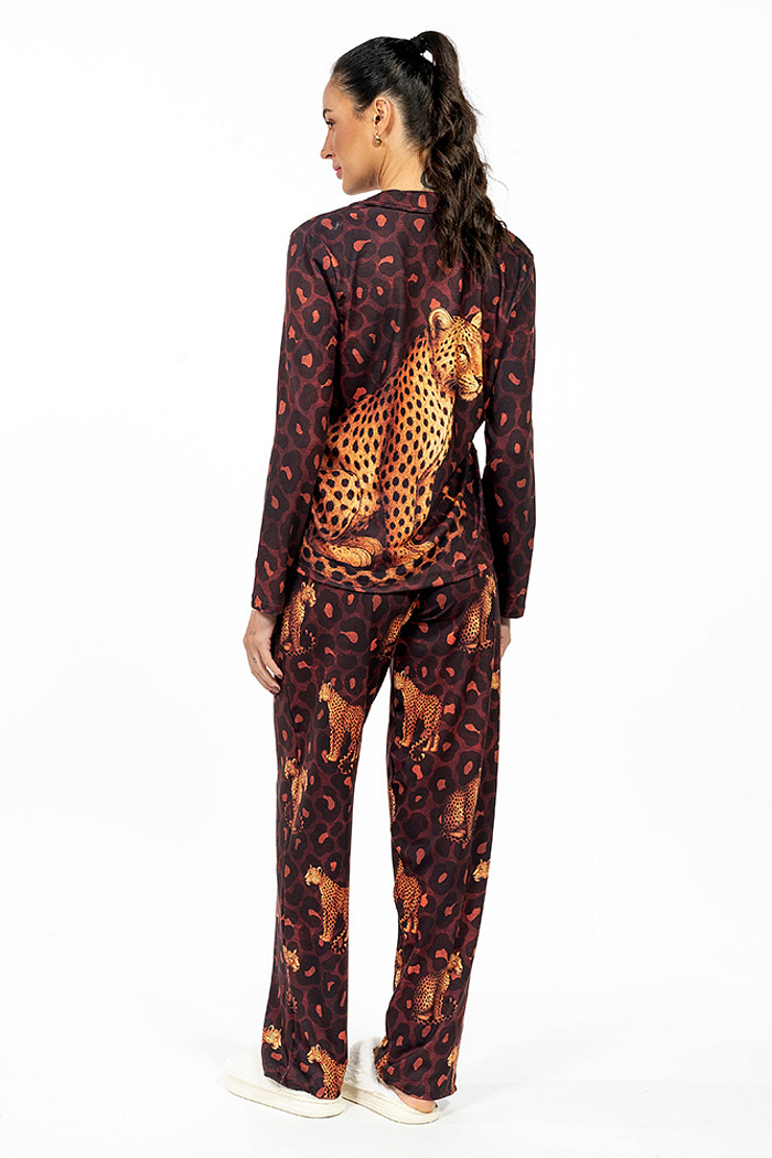 Conjunto Pijama Americano Longo Adulto Onças Animal Print