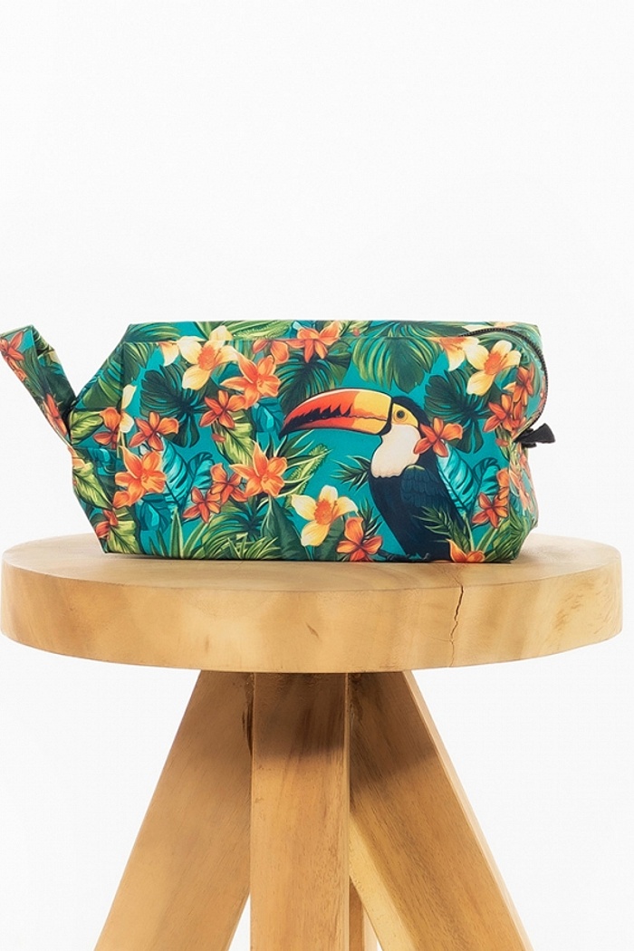 Necessaire Tucano e Flores Fundo Turquesa