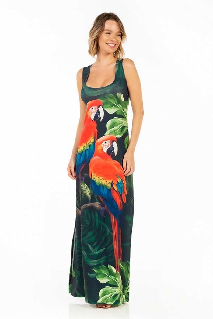 Vestido Hortência Casal Araras Folhagens