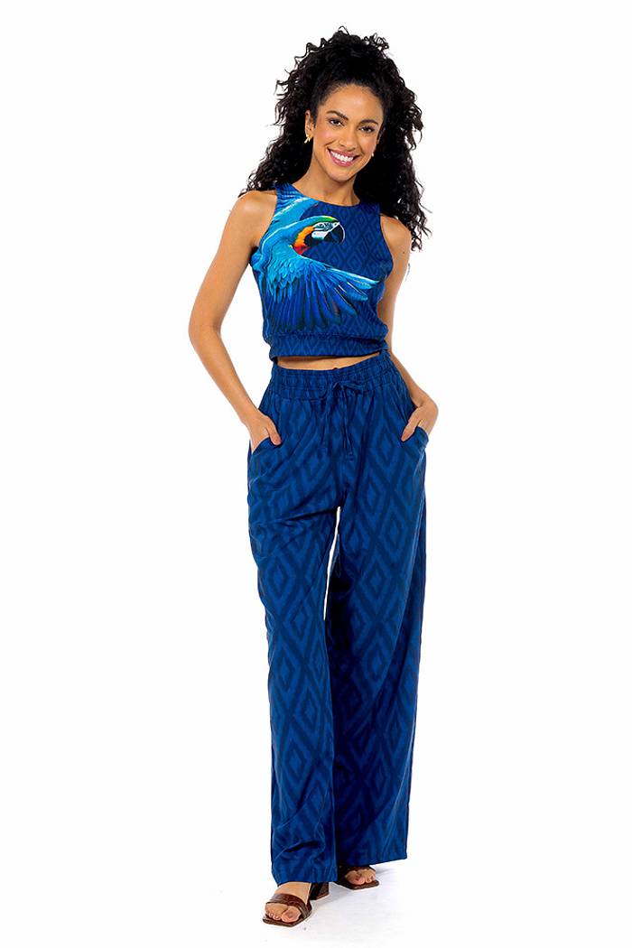 Top Canelado Maxi Arara Fundo Azul