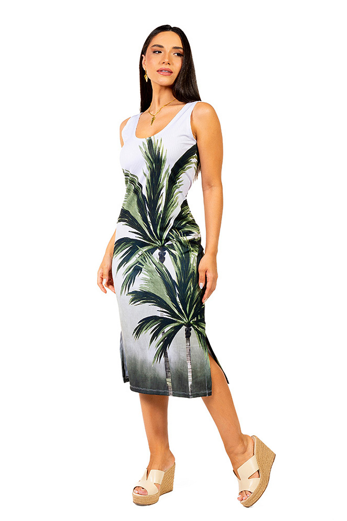 Vestido Estampado Canelado Midi Palmeiras