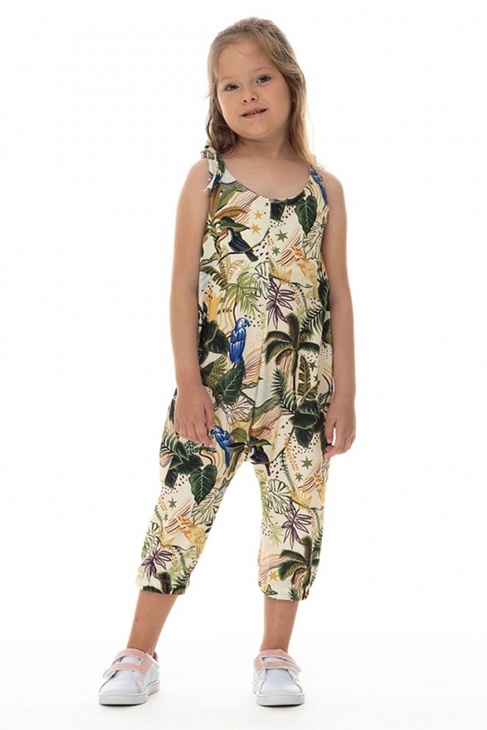 Macacão Infantil Com Bolso Aves Folhagens Fundo Claro