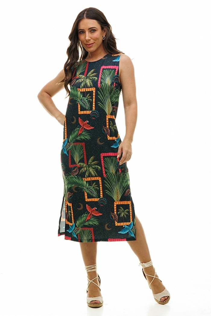 Vestido Estampado Clássico Midi Araras Desenho Coqueiros