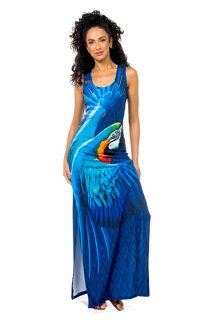 Vestido Hortencia Maxi Arara Fundo Azul