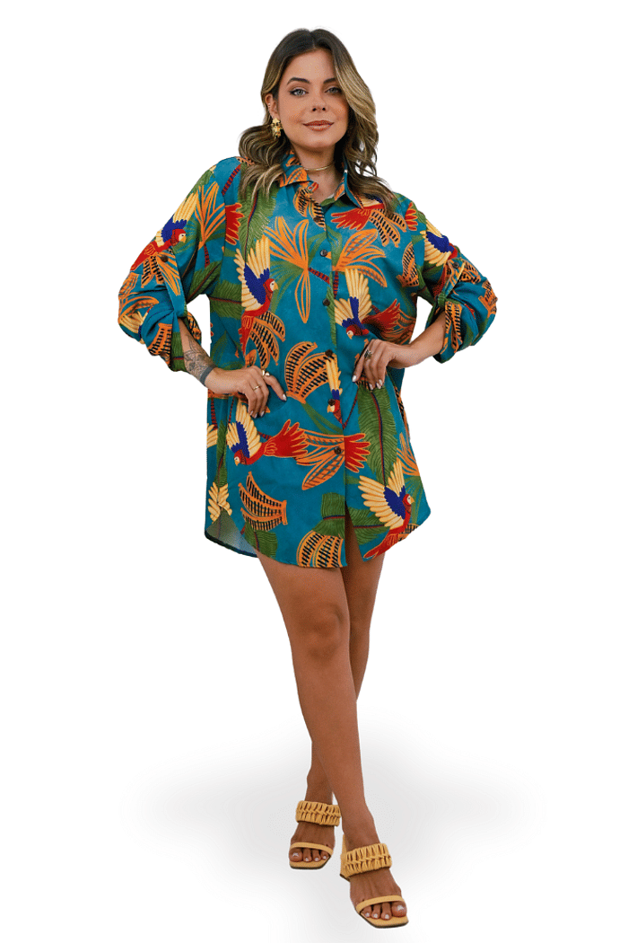 Camisa Alongada Atena Verão Arara e Banana